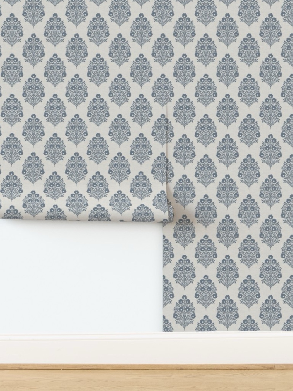 Peel & Stick Wallpaper in Blue Grey & Linen Heritage Floral 2x9 Panels